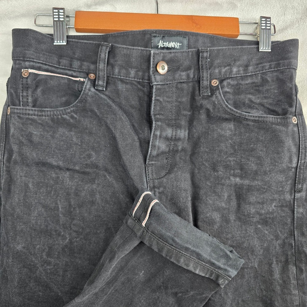 Altamont selvedge jeans Mens Black Acid Wash Button‎ Fly Straight Leg Size 30